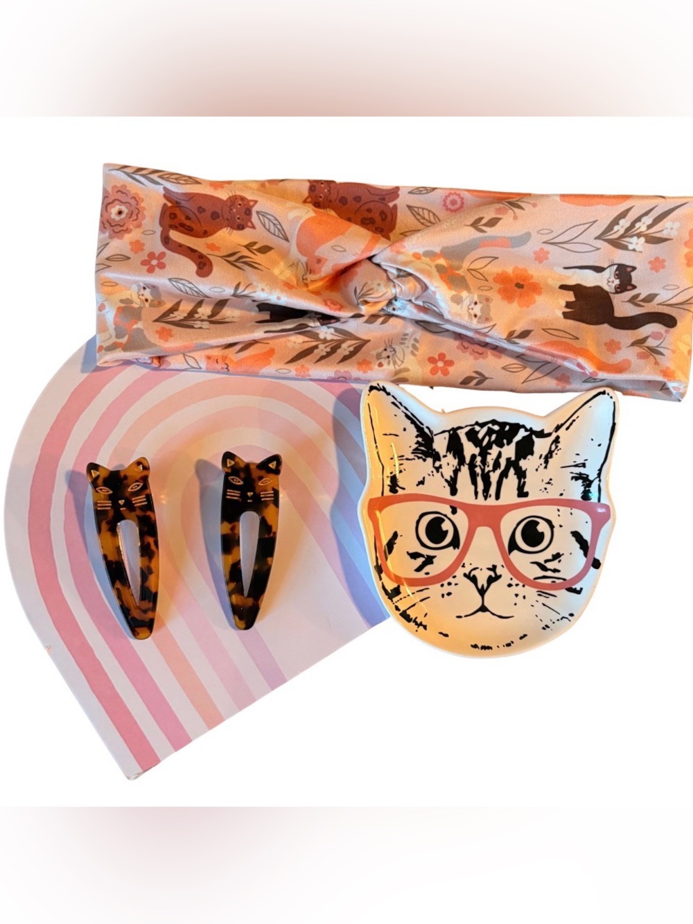 CATS- Cat Hair Clip and headband Set in Orange and Pink with trinket dish/paper